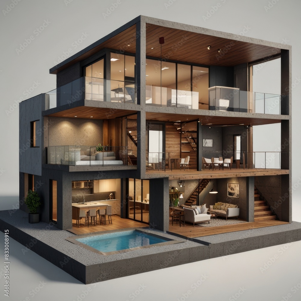 Fototapeta premium Modern home cross section, 3d rendering minimalist