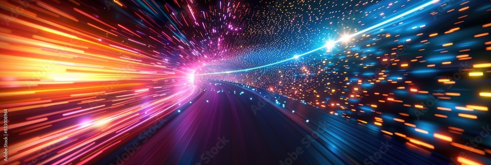 Colorful abstract lights speeding through a tunnel, representing technology, speed, and futuristic concepts.