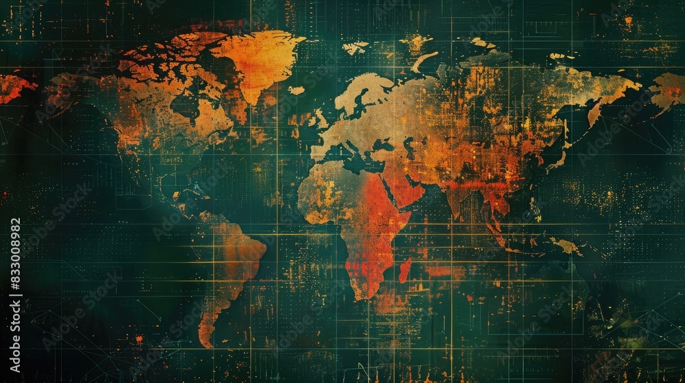 Obraz premium Colorful abstract world map with textured background, highlighting continents in warm hues, an artistic representation of global geography.