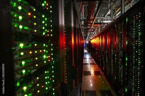 A network of gleaming, high-tech servers humming with activity in a darkened data center.