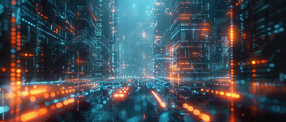 Futuristic digital cityscape with glowing lights and lines representing advanced data technology and communication networks. Futuristic digital cityscape with glowing lights and lines representing advanced data technology and communication networks.