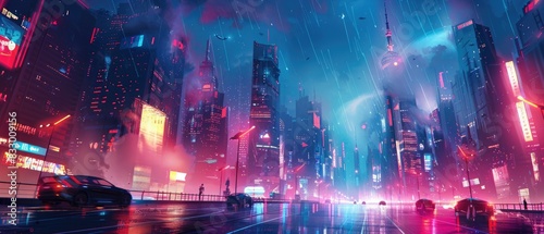 Futuristic cyberpunk cityscape with neon lights, skyscrapers, and a vibrant atmosphere at night, creating a mesmerizing urban scene. photo