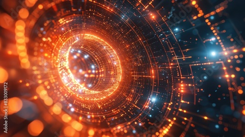 Futuristic digital abstract background with glowing orange and blue lights, representing technology, innovation, and advanced computing systems.