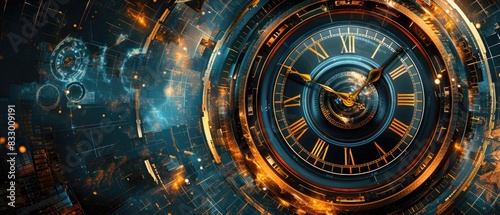 Futuristic clock with glowing elements and cosmic background  representing the concept of time travel and advanced technology.