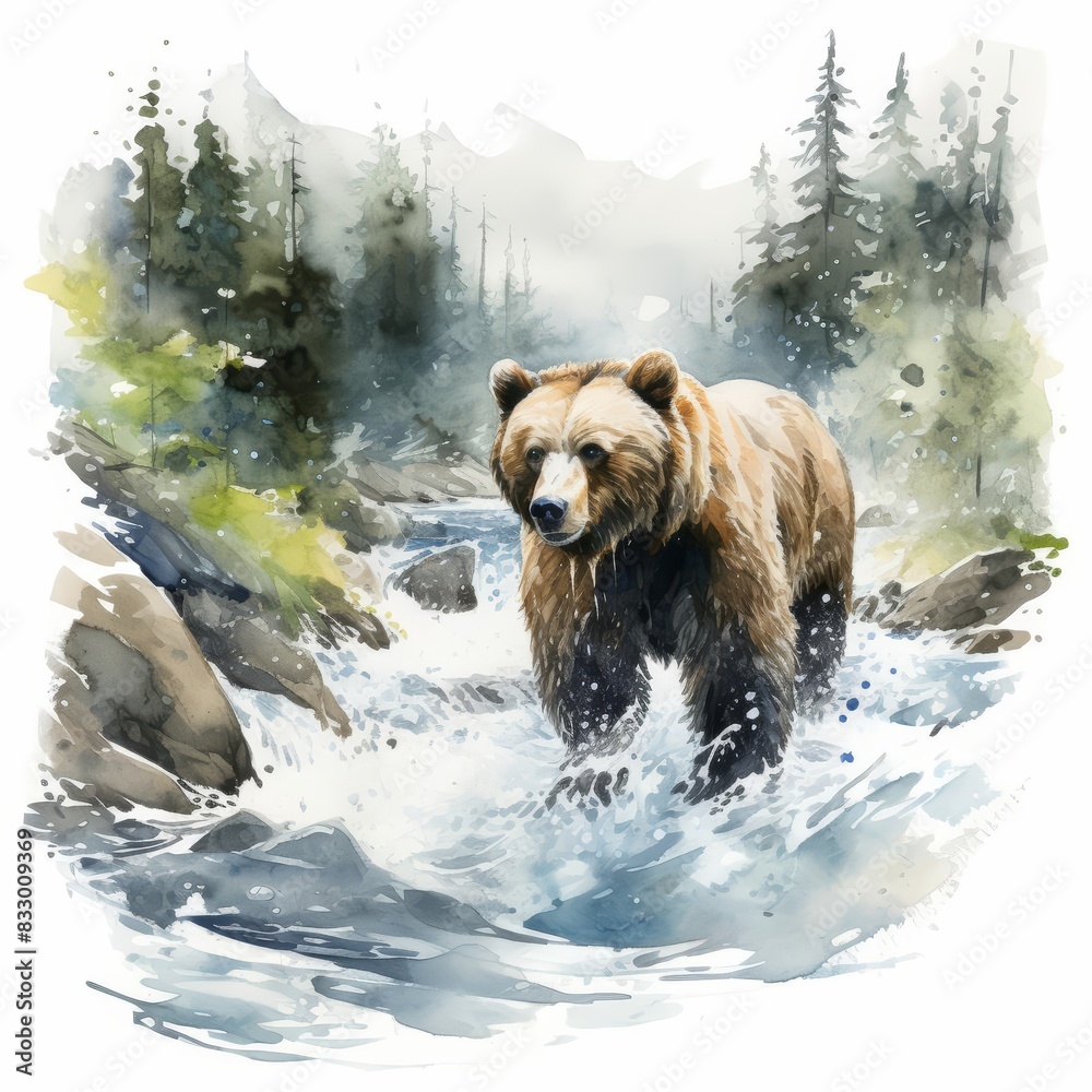 A watercolor of a bear, rugged and strong, fishing in a rushing river, symbolizing survival and tenacity, amidst a scenic forest backdrop, Clipart isolated on white A watercolor of a bear, rugged and strong, fishing in a rushing river, symbolizing survival and tenacity, amidst a scenic forest backdrop, Clipart isolated on white