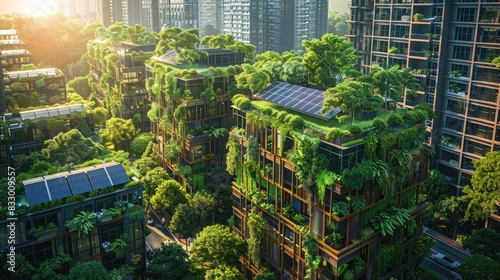 Modern urban architecture with green buildings covered in lush vegetation in a cityscape at sunrise. photo