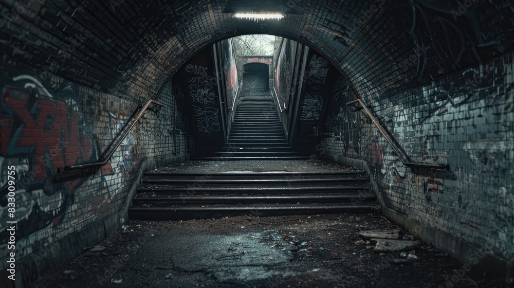 Old, dimly lit underground staircase with graffiti-covered walls, leading to an exit bathed in light, evokes a sense of mystery and abandonment.