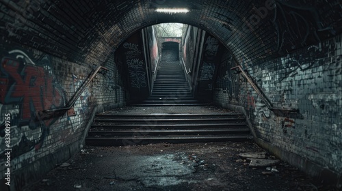 Old, dimly lit underground staircase with graffiti-covered walls, leading to an exit bathed in light, evokes a sense of mystery and abandonment. © Nuth