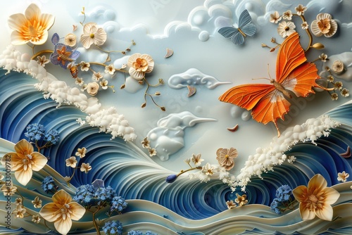 Exquisite craftsmanship: colorful butterfly and flower organic paper sculpture design, an illustration of dreamy romance, perfect for banner, capturing the beauty of nature in intricate detail.