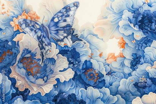 Exquisite craftsmanship: colorful butterfly and flower organic paper sculpture design, an illustration of dreamy romance, perfect for banner, capturing the beauty of nature in intricate detail.