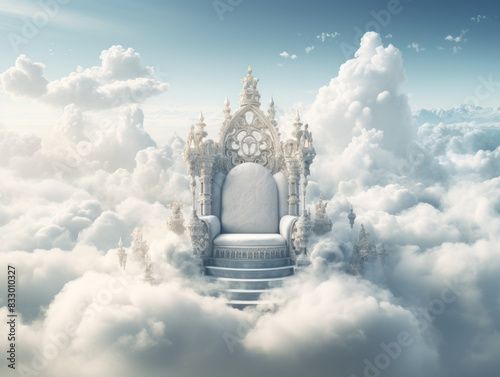 A white throne in the middle of white clouds. A throne in the sky.