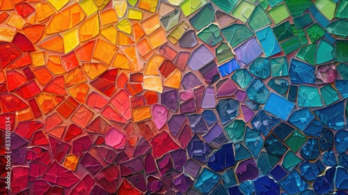 Vibrant multicolored mosaic composed of irregularly shaped tiles, creating a lively and abstract pattern, perfect for creative projects and backgrounds. photo