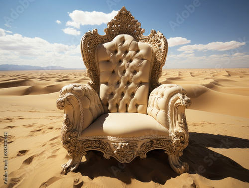 Golden throne in the middle of the desert among sand dunes