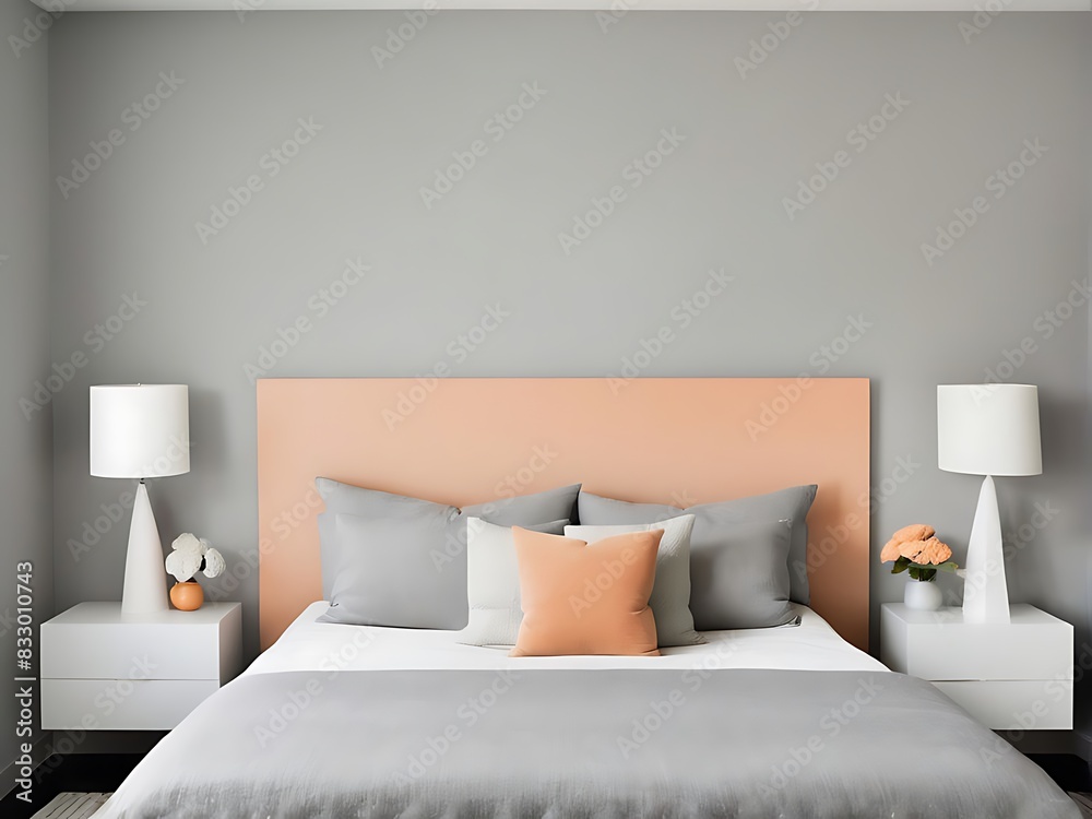 Bedroom in delicate peach fuzz color panton furniture and accent wall. Modern luxury room interior home or hotel design. Empty warm apricot paint background for art.3d render
Bedroom in delicate peach fuzz color panton furniture and accent wall. Modern luxury room interior home or hotel design. Empty warm apricot paint background for art.3d render