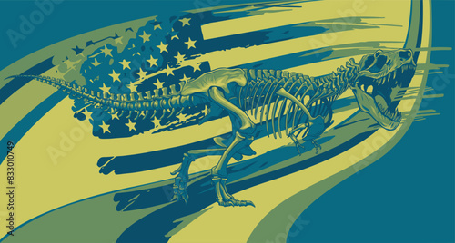 Vector illustration of tyrannosaurus T rex skeleton with american flag