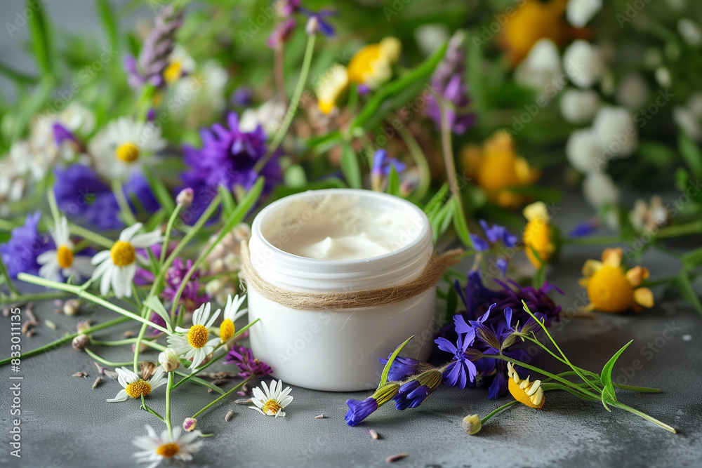 Cream jar among wildflowers on grey
Cream jar among wildflowers on grey