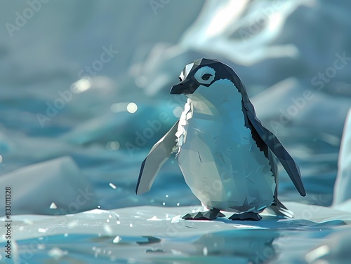 Elegant Penguin Swimming in Icy Arctic Waters Amidst Frozen Landscape