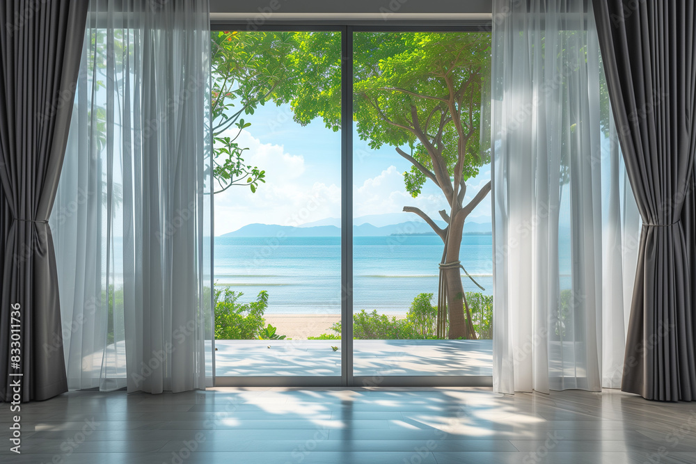 Fototapeta premium Opened window seeing tropical beach view in summer holiday at weekend house and resort. Summer holiday vacation