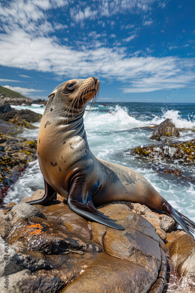Fototapeta premium Basking sea lion on rocky shore, with crashing waves, rugged coastline, and blue sky.