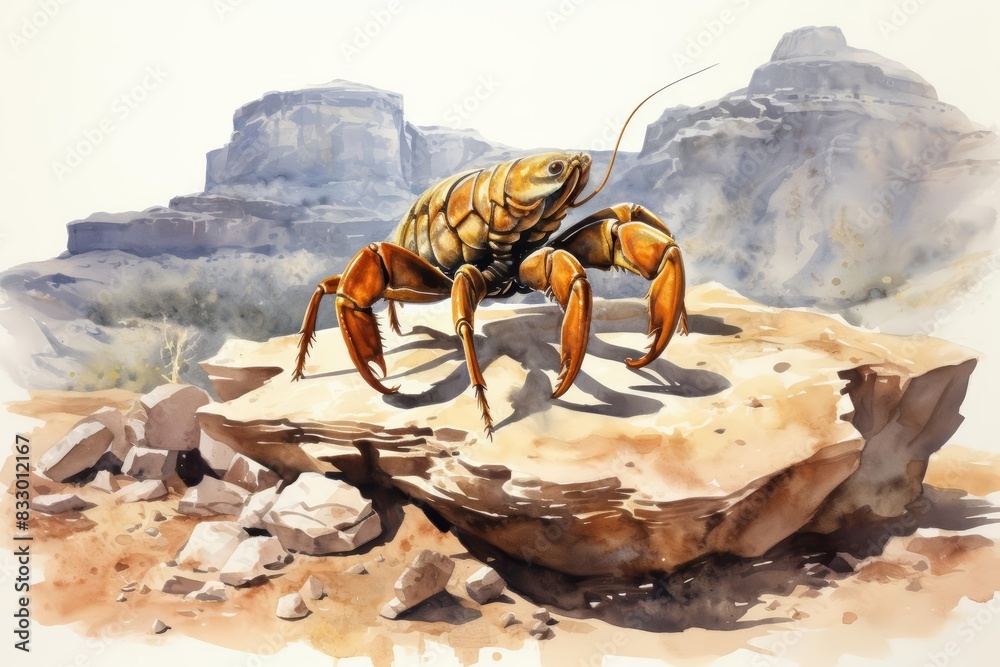 Obraz premium A watercolor of a scorpion, fierce and resilient, poised on a rock, illustrating themes of danger and survival, amidst a dry, desert landscape, Clipart isolated on white