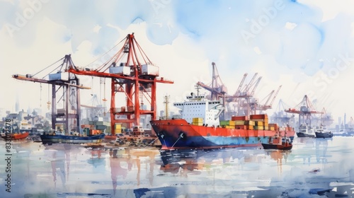 A watercolor of a shipyard