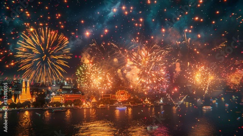 New Year’s Eve Celebration with Fireworks Festival at Night in Bangkok, Thailand.