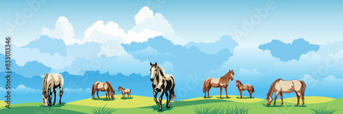 View of spring landscape, countryside, horses grazing in a green meadow, vector illustration	