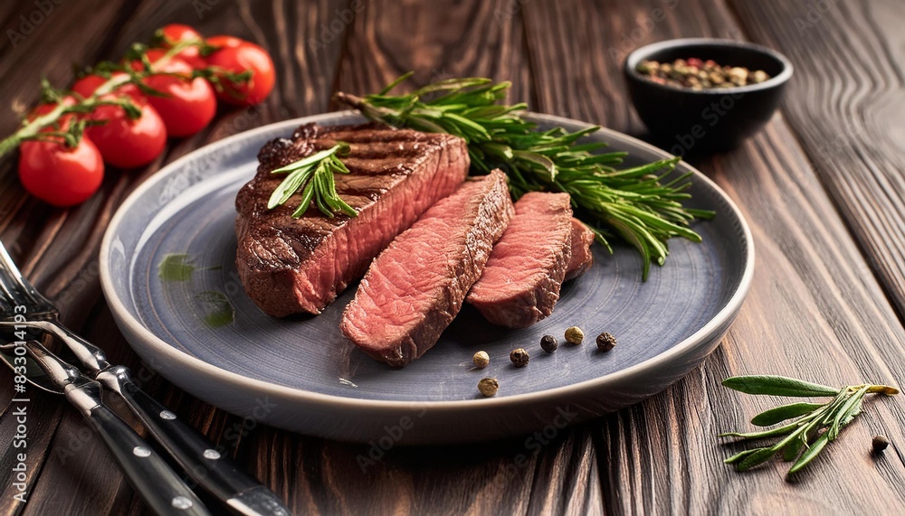 Beef steak  grilled in plate on wooden background