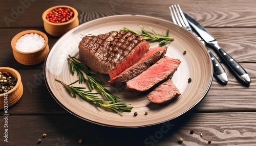 Beef steak  grilled in plate on wooden background