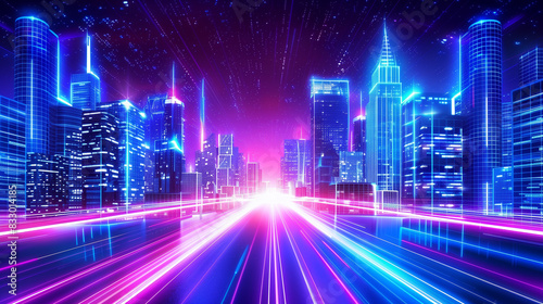 A cityscape with neon lights and a bright blue sky. The city is bustling with activity and the sky is filled with stars. Scene is energetic and lively