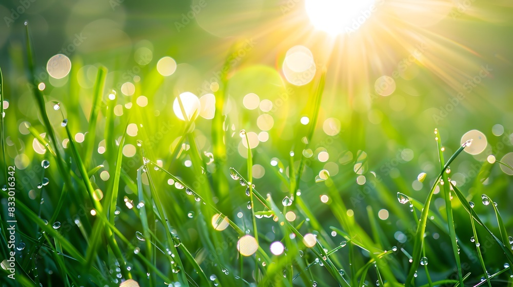 Obraz premium landscape photo of sunlight reflecting dewdrops on fresh green grass