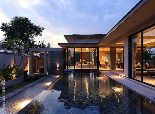 A modern house with a swimming pool in the tropical country of Thailand during the evening with lighting