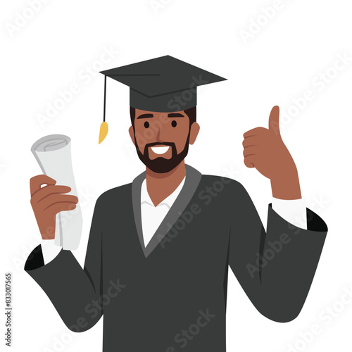 Happy young graduate man in graduation gown and hat holding diploma and certificate thumb up. Flat vector illustration isolated on white background
