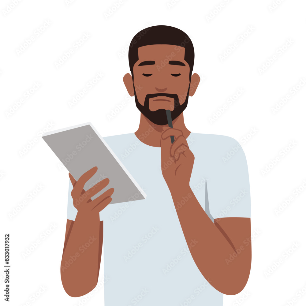 Positive thoughtful man with notebook in hand puts pen to face while thinking about difficult task. Flat vector illustration isolated on white background Positive thoughtful man with notebook in hand puts pen to face while thinking about difficult task. Flat vector illustration isolated on white background