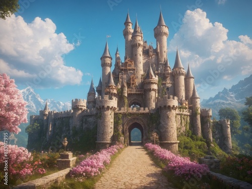 Magnificent and enthralling game art castle reminiscent of a fantasy land, with tall towers, a drawbridge, and an expansive garden