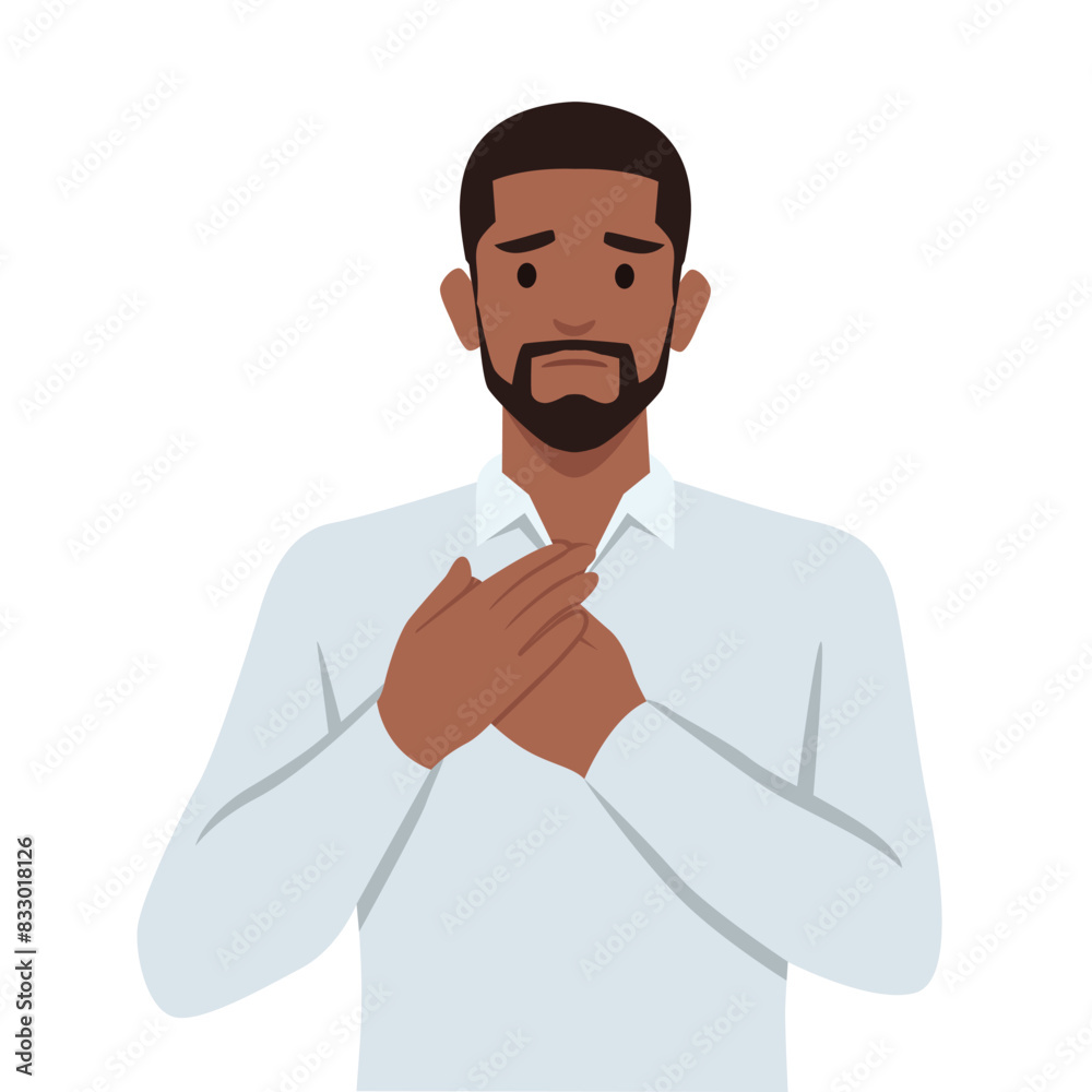 Sick unhappy guy touch upper chest having cardiovascular problems need doctor help. Flat vector illustration isolated on white background Sick unhappy guy touch upper chest having cardiovascular problems need doctor help. Flat vector illustration isolated on white background