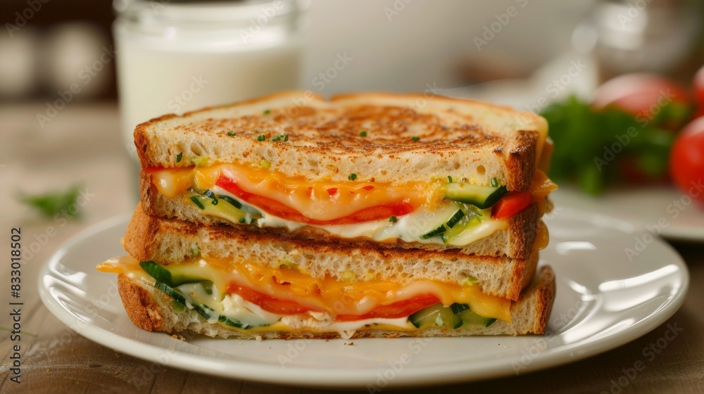 Side-View of Cheese and Vegetable Toasted Sandwich on White Plate with Milk Side-View of Cheese and Vegetable Toasted Sandwich on White Plate with Milk