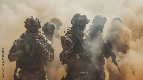 A group of modern soldiers fully equipped facing the camera in a dusty and smoggy environment. It depicts a scene of combat or military training.