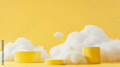 Generative AI, Light yellow fantastic 3d clouds on the floor, sky and landscape. Gentle colors and bright lights,Generative AI, Light yellow fantastic 3d clouds on the floor, sky and landscape
