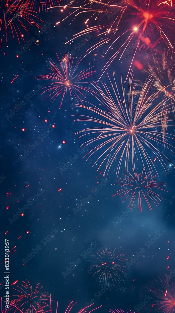 Fototapeta premium Fireworks in red, orange, and blue burst against a starry night sky, creating a vibrant and festive display