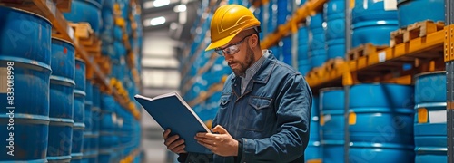 Male employee inspecting records for oil stock barrels, horizontal blue barrels, or chemicals used in the business. photo