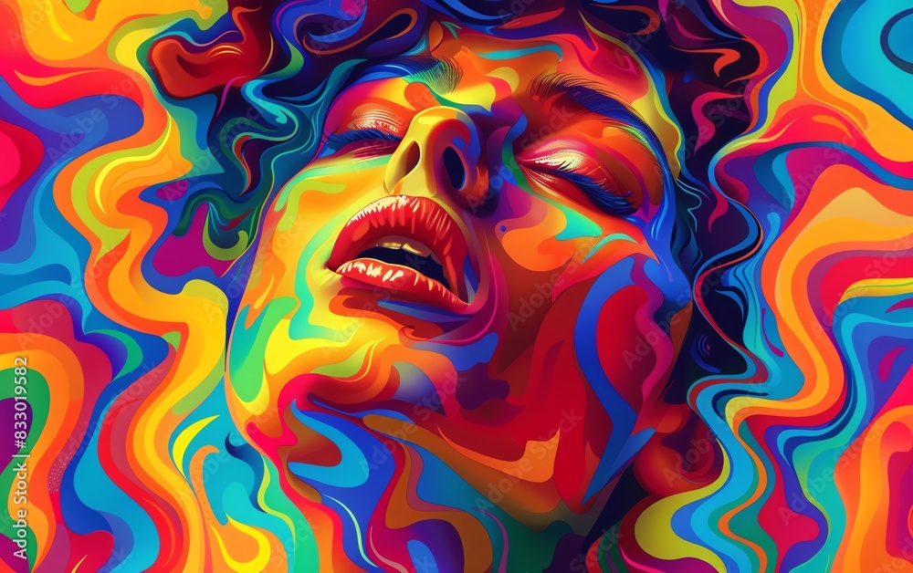 Create a vibrant Pop Art portrait of a person in a worms-eye view, inspired by Color Theory Use monochromatic twists to add depth and modernity