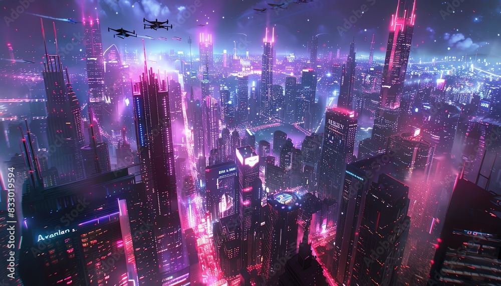 Create an impressive image of Aerial Robotics in a Neon Cityscape Create an impressive image of Aerial Robotics in a Neon Cityscape