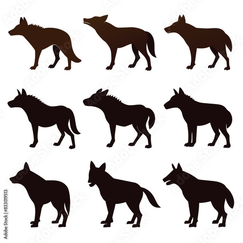Set of Brown Hyena animal black silhouettes vector on white background