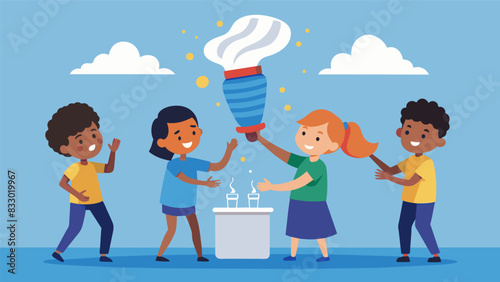A group of students demonstrating the effects of air pressure by creating a mini tornado in a bottle.. Vector illustration