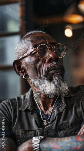 Portrait of a african old man tattoo artist at studio tattoo