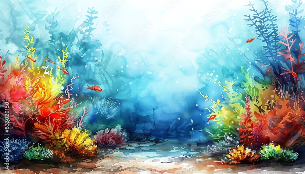 Obraz premium Capture a serene underwater world in watercolor, showcasing dreamy oceanic landscapes with an Impressionist touch Tilt the view for a unique perspective