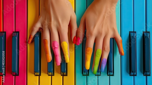 Colorful Painted Fingernails Playing Rainbow Piano Keys in Vibrant Artistic Composition