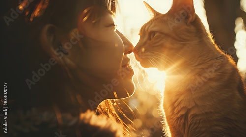 Depict a joyful reunion between a person and their cat, emphasizing the excitement and relief of being reunited after a period of separation Hug Your Cat Day photo