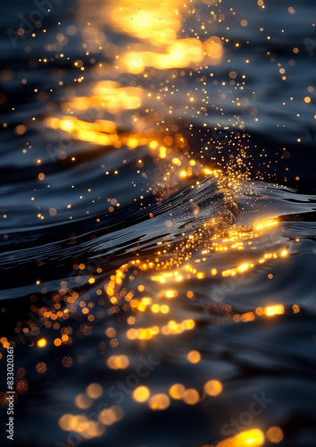 Romantic scenic panorama with moonlight sea waves at night. Golden sunset on navy waves reflection with shiny gold sparkling bokeh lights. Summer illustration by Vita © Vita